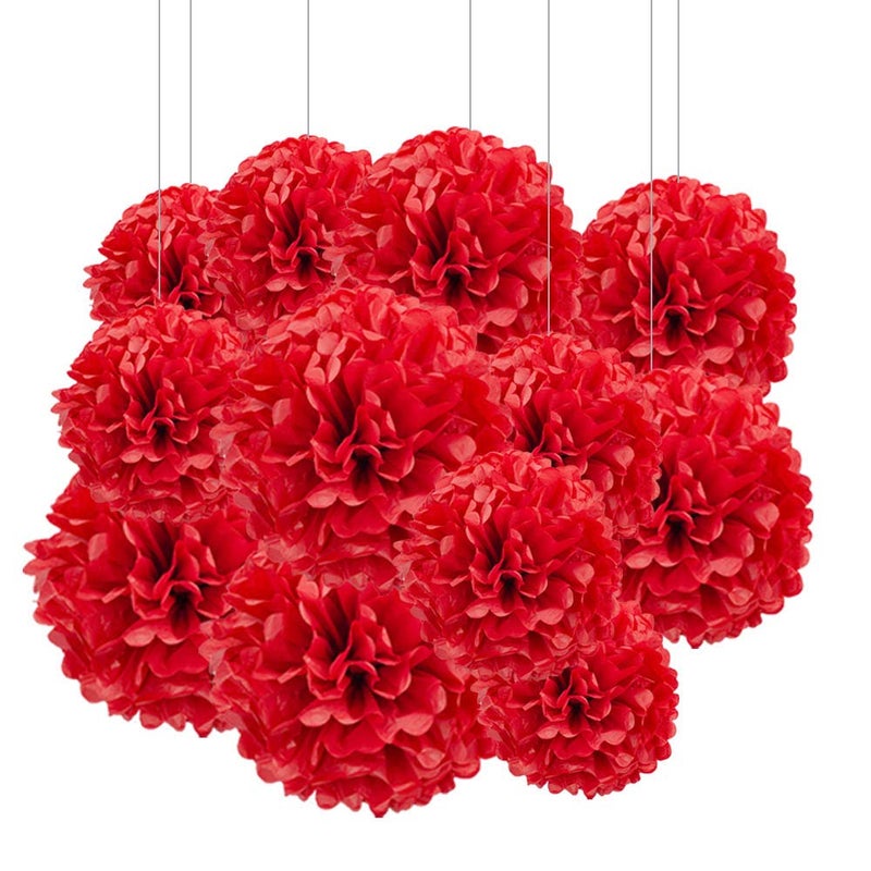 Aimto 12pcs Red Paper Pom Poms Decorations for Party Ceiling Wall Hanging Tissue Flowers Decorations - 1 Color of 12 Inch, 10 Inch - Image 1